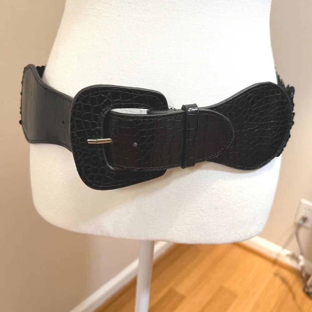 Unbranded Sequin‎ Waist Belt Women One Size Black Faux Croc Elastic Statement